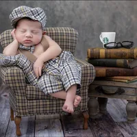 Dvotinst Newborn Photography Props Baby Boy Gentleman 4pcs Set Plaid Hat Pants Pillow Bow-tie Costume Studio Shoot Photo Props