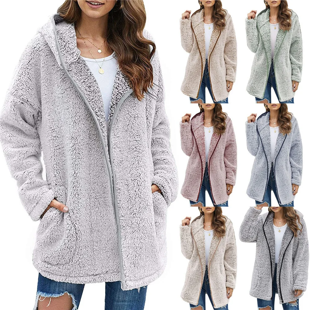 

Women's Loose Fitting Casual Hooded Long Sleeved Plush Jacket Autumn/Winter Solid Color Lapel Office Lady Cardigan Coat S-XXL