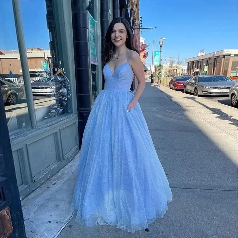

V-neck Sky Blue A Line Bling Tulle Evening Party Dresses For Women Long Cross Back Pockets Spaghetti Strap Prom Hot