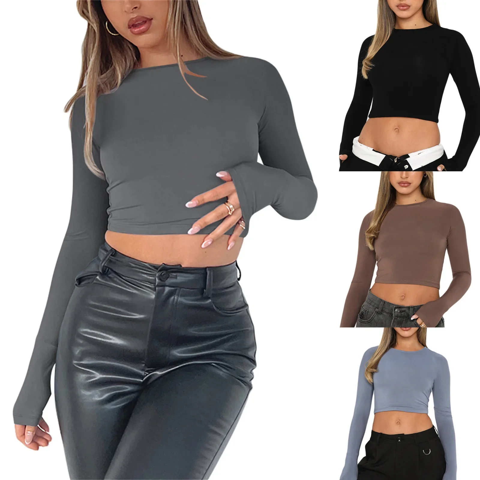 

Autumn and Winter New Solid Color Bottoming Round Neck T-shirt Backless Spicy Girl Slim Thin Long-sleeved T-shirt Tops