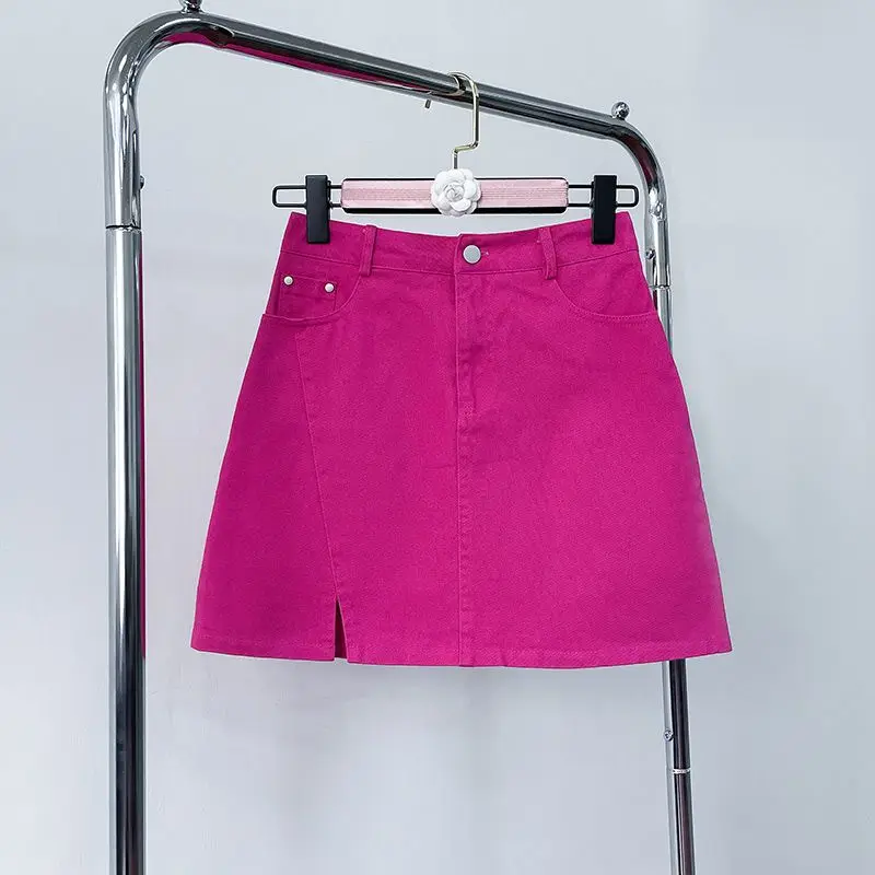 2022 Summer New Vintage Rose Red High Waist Spice Girl Denim Short Skirt Women's Slim Character Half length Skirt