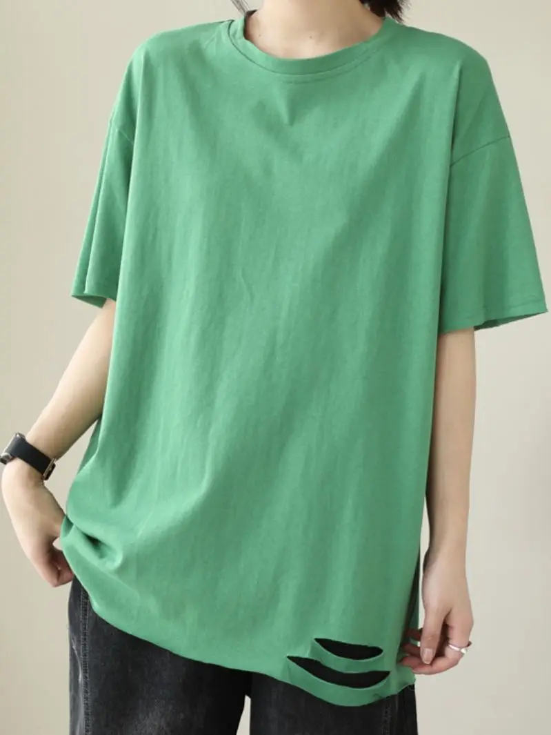 

2023 Простой повседневный модный прямой однотонный винтажный Топ, Женский пуловер с коротким рукавом, свободная футболка оверсайз с отверстиями и круглым вырезом