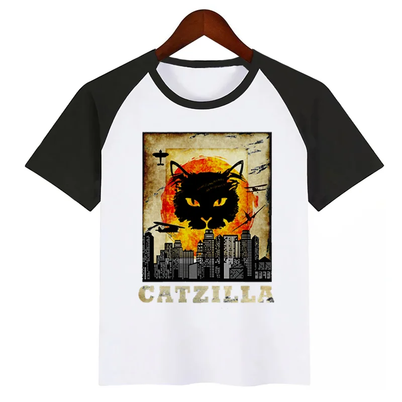 Cat Zilla Print T-shirt Cartoon Cute Animal Shirts Children Comfortable O-Neck Tshirt Short Sleeve Girl Boy Clothes,Drop Ship