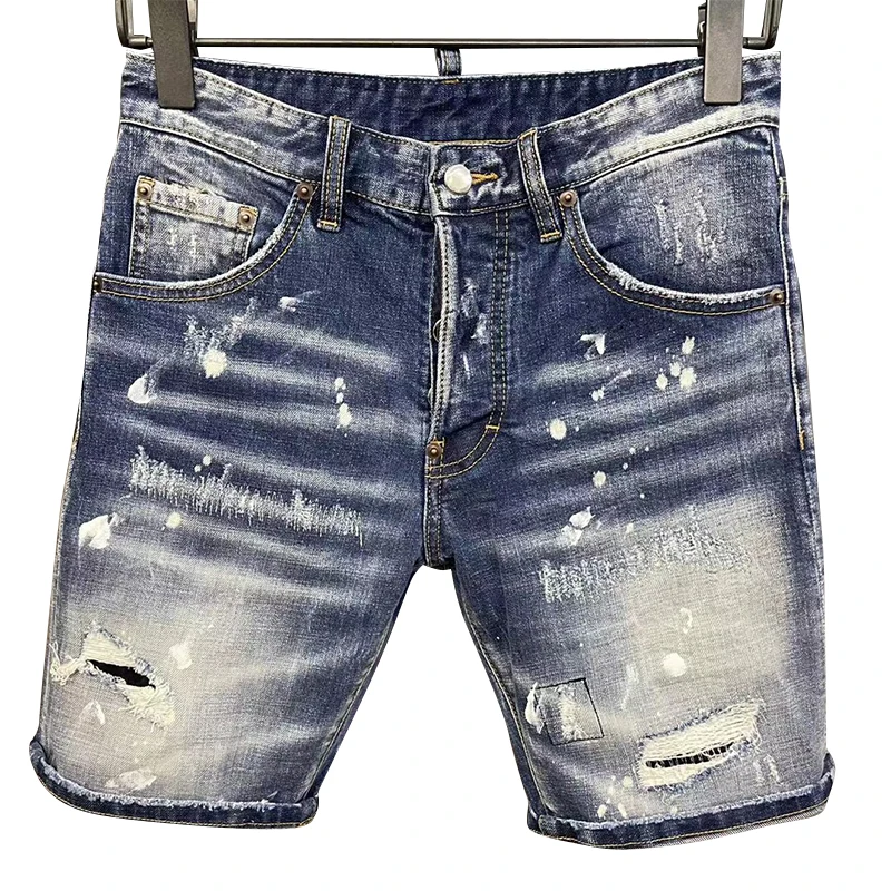 Starbags dsq four season shorts jeans men's letter leather logo hole paint dot hip hop slim Blue Elastic Italian pop brand