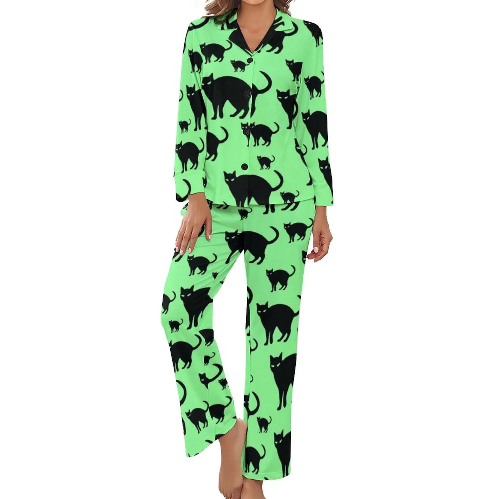 

Black Cat Pattern Pajamas Funny Animal Print Leisure V Neck Nightwear Women 2 Pieces Printed Long Sleeve Lovely Home Suit