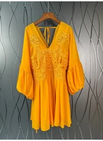 high quality chiffon dress 2022 summer party club ladies sexy v neck hollow out embroidery flare sleeve casual orange dress mini
