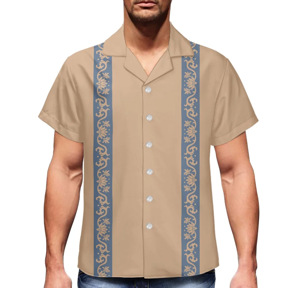 Polynesia Yellow Tribal Floral Print Men's Short Sleeved Shirt Wholesale Short Sleeve Button Up Shirt Mens