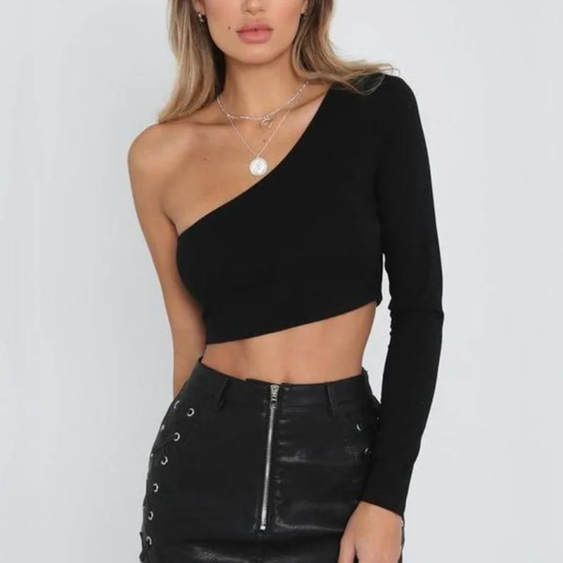

One Shoulder Long Sleeve T-Shirt Solid Black White Slim Stretch Crop Top Y2K Basic Simple Tee Fashion Woman 2023 Summer