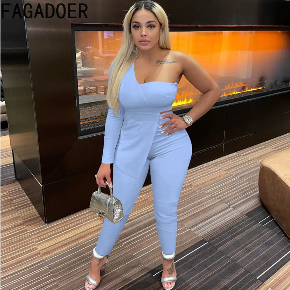 

FAGADOER Fashion One Shoulder Design Two Piece Sets Women Outfit Spring Fall Solid Color Irregular Top + Skinny Pants Tracksuits
