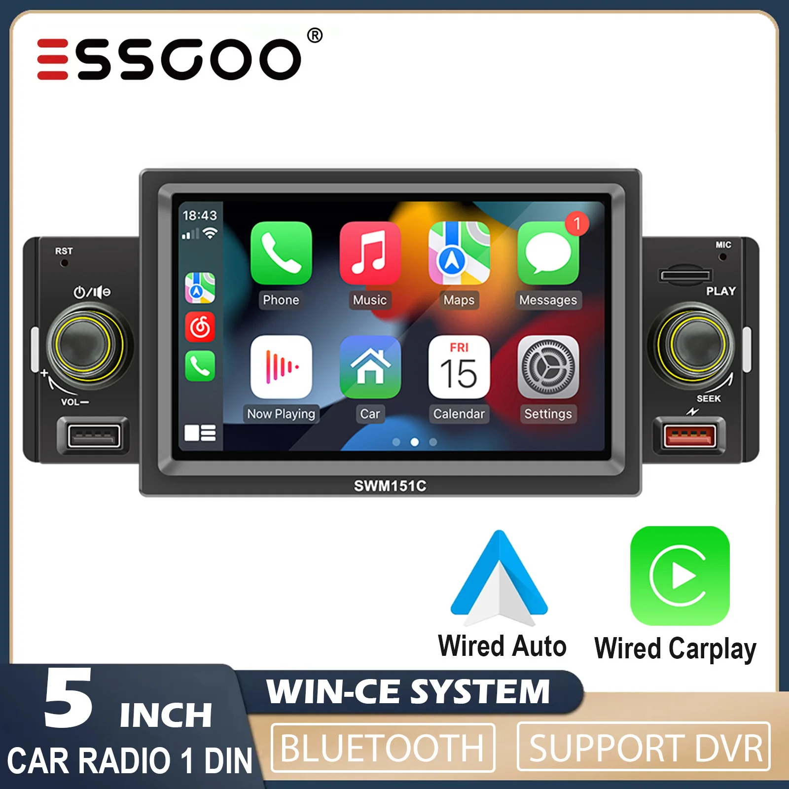 

ESSGOO Car Carplay Radio 1 Din 5 Inch Central MultiMedia MP5 Player Android Auto MirrorLink FM 2 USB Universal Car Autostereo