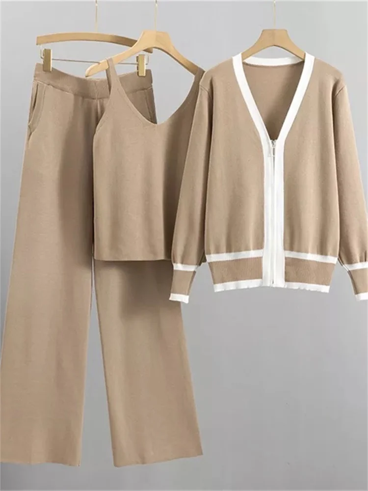 

2022 New Fashion Women Sexy Vest Long Sleeve Zipper Cardigan Elastic Waist Pants Women's Tracksuit Knitted 3 Piece Set Suit
