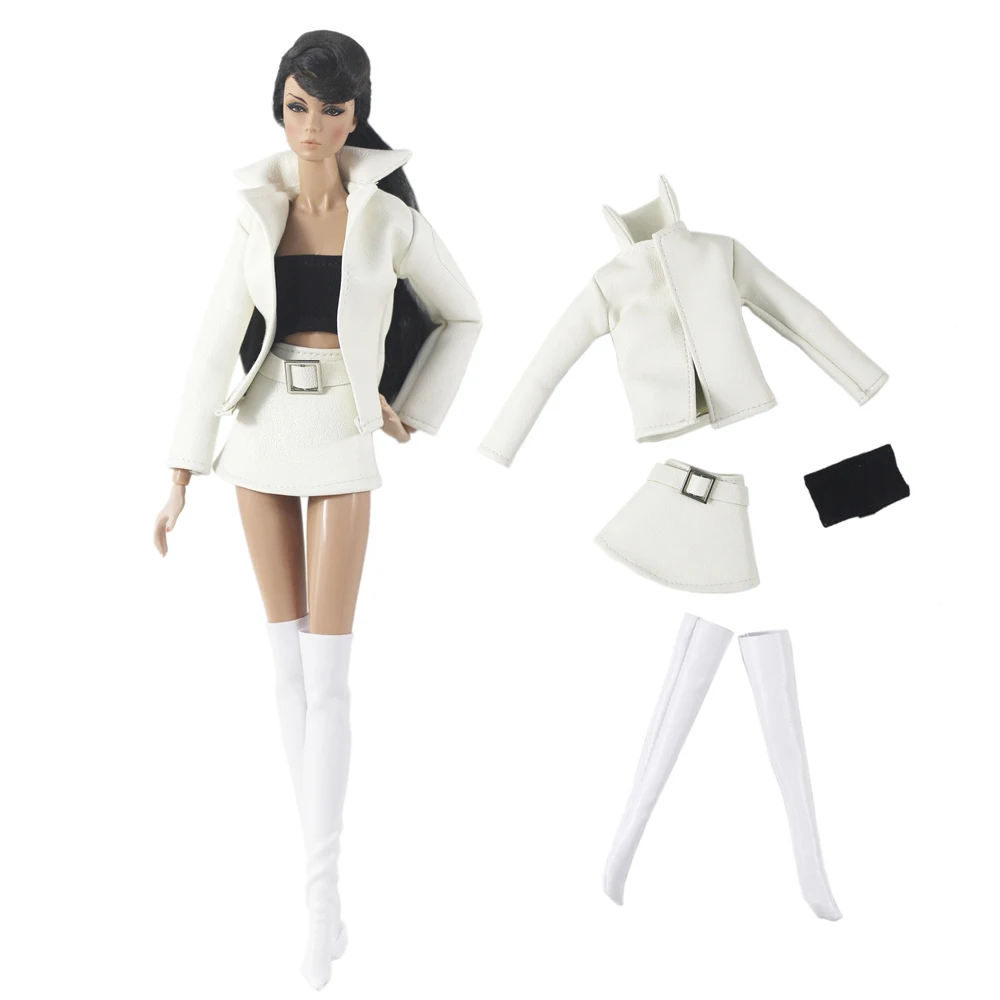 

NK белое кожаное платье для куклы Барби, одежда, модная куртка, тренчкот, верхняя юбка, носки для шарнирных кукол 1/6, аксессуары для кукол