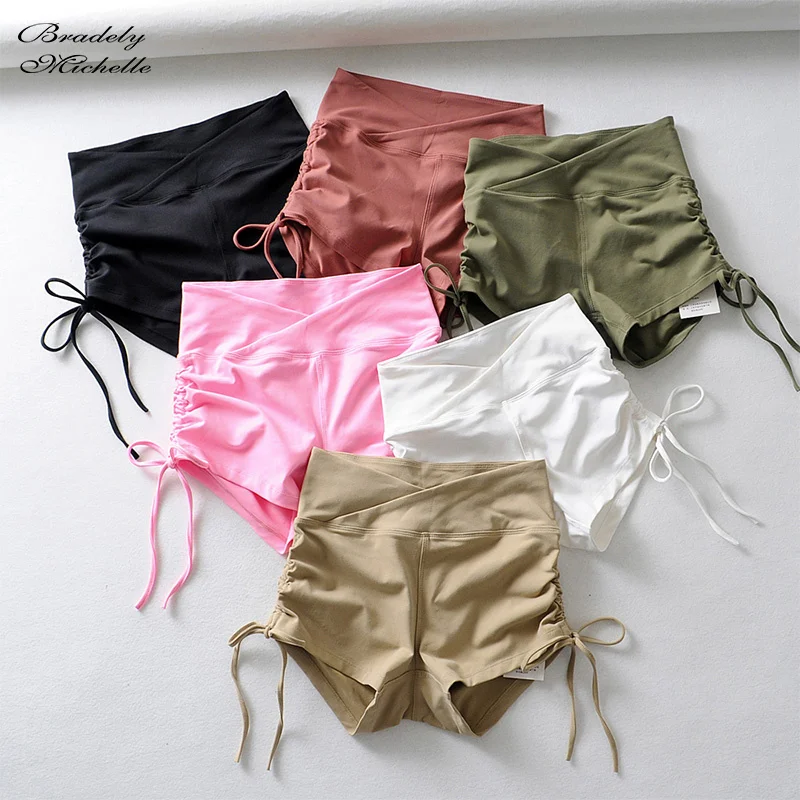 

BRADELY MICHELLE Sexy Women High Waist Elastic Pure Color Tihgt Workout Drawstring Push Up Short Leggings Female