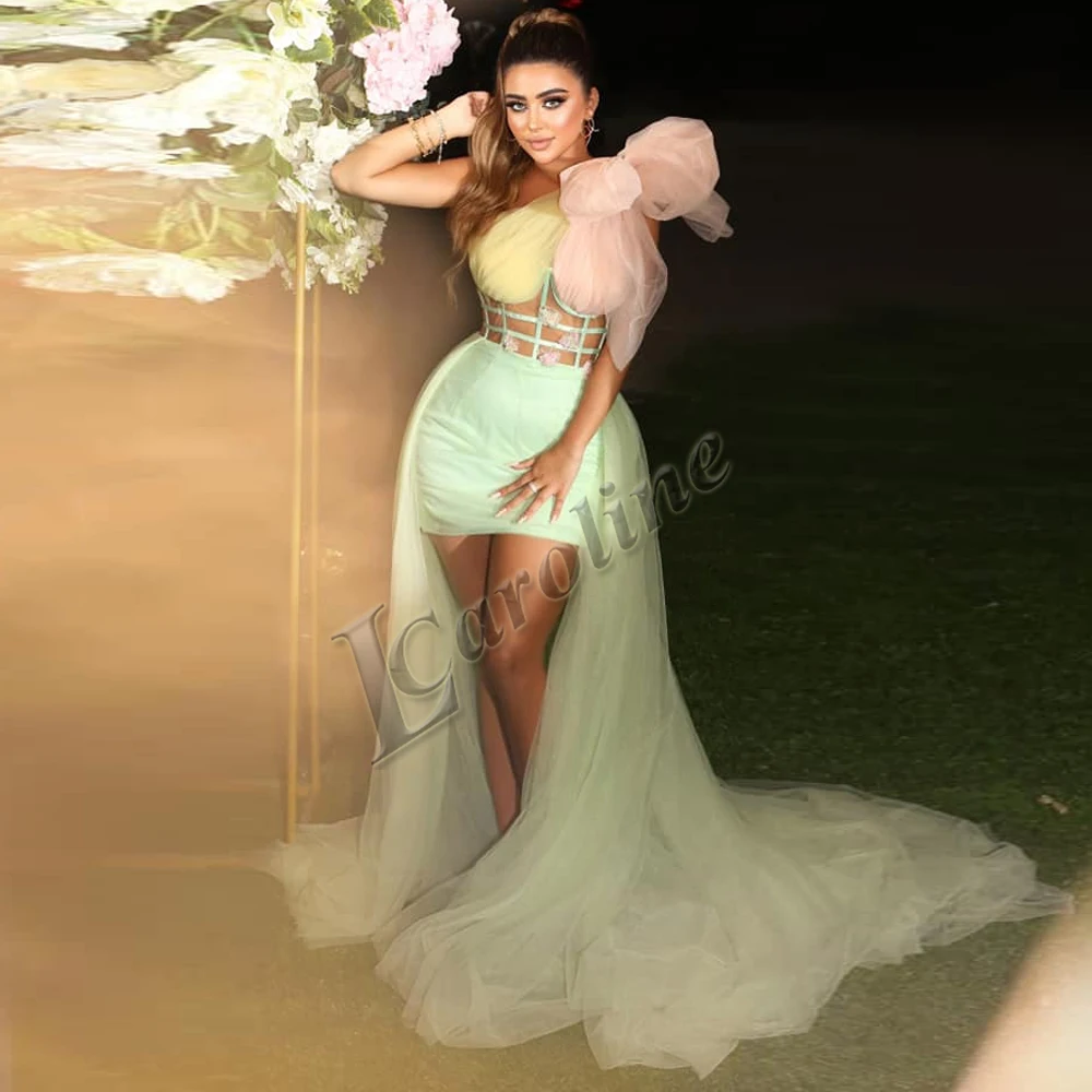 

Caroline Charming Tulle 3D Flowers Prom Evening Dress Party Dresses For Women One Shoulder Illusion Sexy Customised Abendkleider