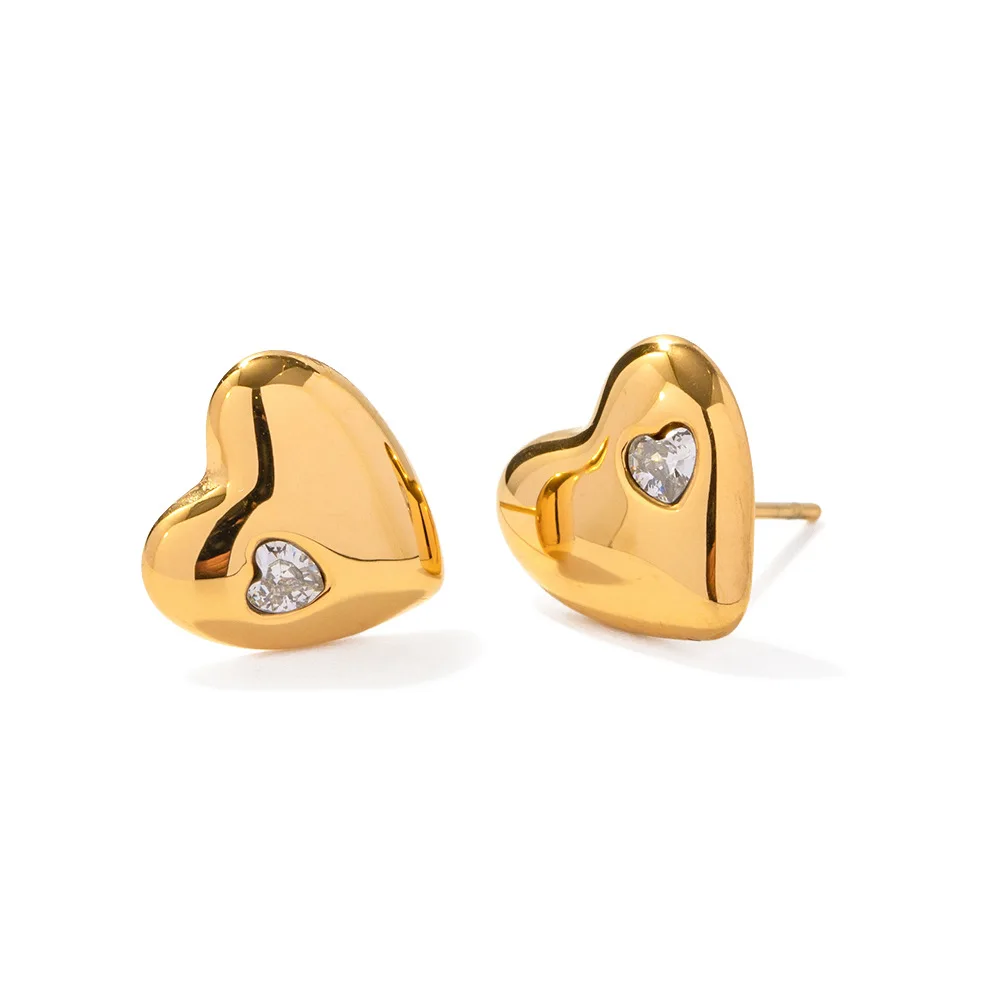 Stainless Steel PVD 18K Gold Plated Tarnish Rhinestoned Heart Stud Earrings  For Woman Jewelry Wholesale 2023 Trendy