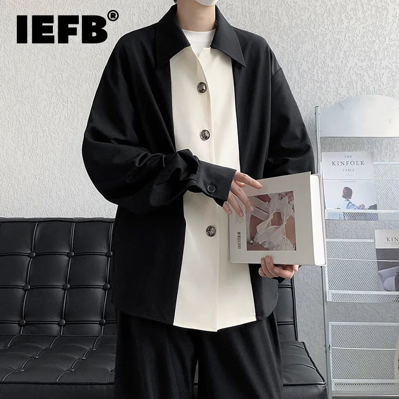 

Рубашка IEFB мужская с длинным рукавом, модная блуза в Корейском стиле, повседневная одежда с прострочкой, винтажный топ с соединением, весна 2023 г., 9A7495