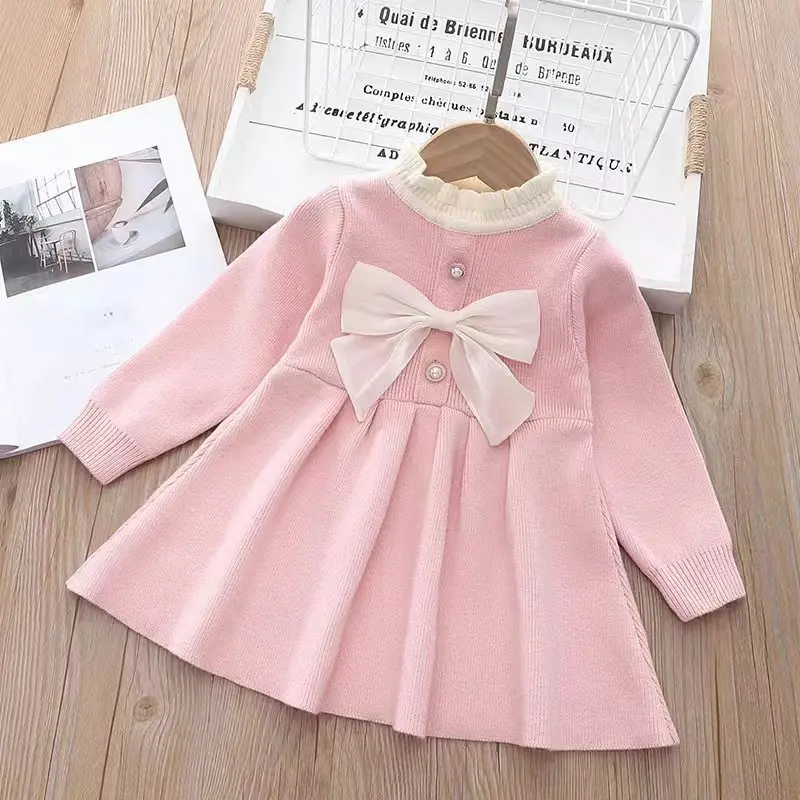 

LZH 2022 Autumn Girl Kid's Dress Knitted Long-sleeved Dresses Casual Children Clothes For Baby Girls Christmas Costume 1-5 Years