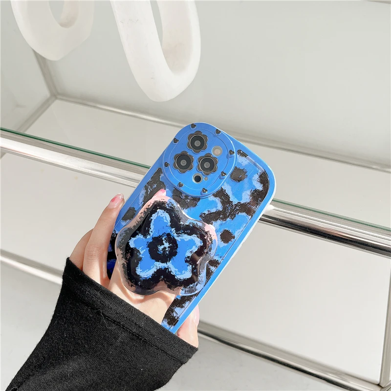

Lovely Girl Noble Blue Flower Case For iPhone 13 12 Pro 11 X XR XS Max Mini 6 7Plus 8 se Soft Case Silicone Tape Flower Holder