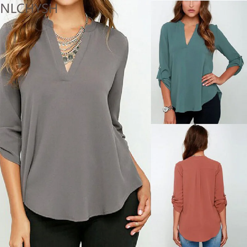 

Autumn Women V-neck Chiffon Blouse 3/4Sleeve Female Solid Casual Shirt Large Size Feminina Camisas Blusas Plus Size Dropshipping