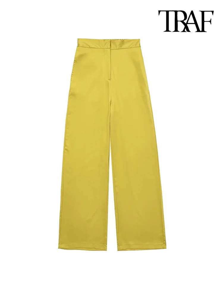 

TRAF Women Fashion Front Pockets Satin Straight Pants Vintage High Waist Back Elastic Zipper Fly Female Trousers Mujer