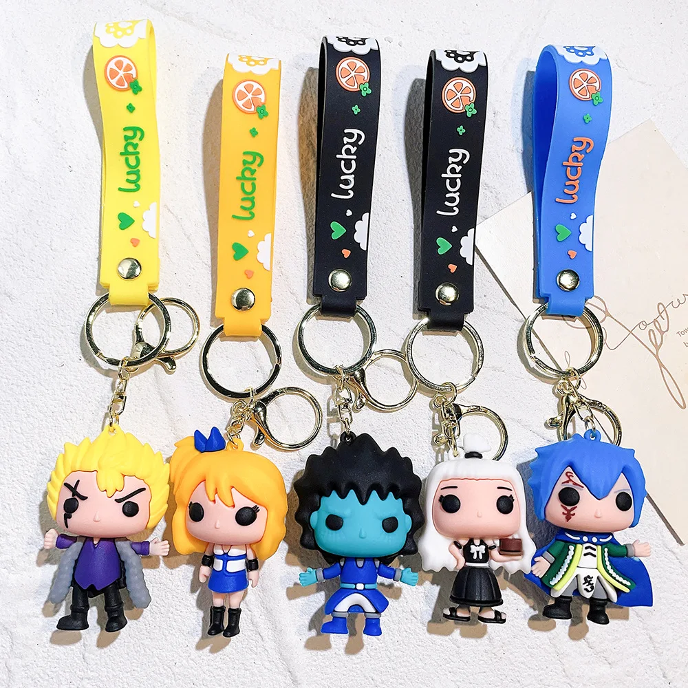 

6ps Fairy Tail Keychain Natsu Happy Lucy Gray Elza Action Figure Toys Pendant Keyring PVC Collection Kid Children Gift Set