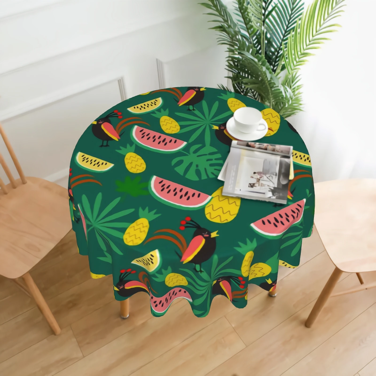 

Tropical Bird in Forest Pattern Round Tablecloth Waterproof Tropical Rain Forest Fruits Table Cloth Cover Washable 60" Dining