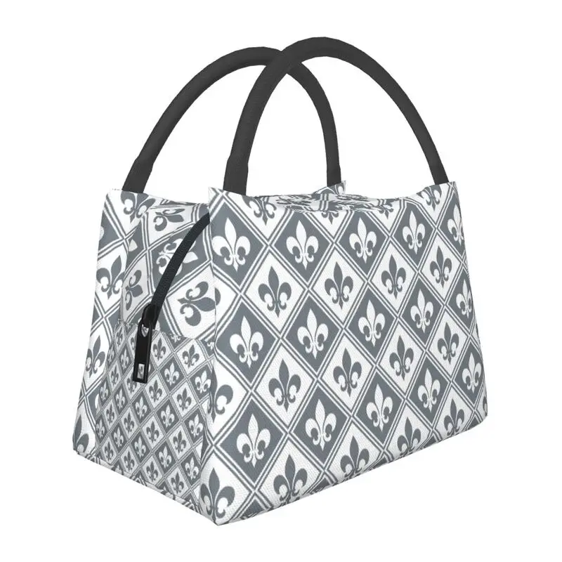 

Cool Grey Fleur De Lis And Diamond Pattern Insulated Lunch Bags for Lily Floral Cooler Thermal Bento Box Office Picnic Travel