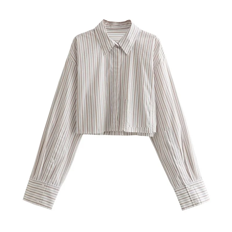 

TRAF 2023 Woman Cropped Striped Shirt Vintage Lapel Single Breasted Blouses Female Clothing Long Sleeve Shirts Summer Chic Tops
