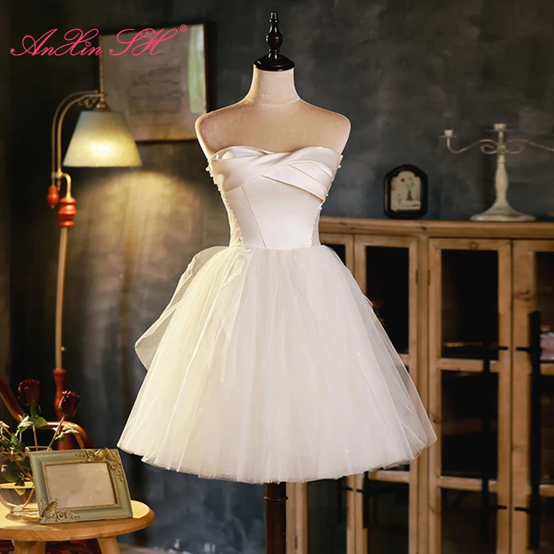 

Белое Атласное и кружевное платье принцессы AnXin SH без бретелек с бисером грушевидная Иллюзия для невесты короткое вечернее платье белое платье