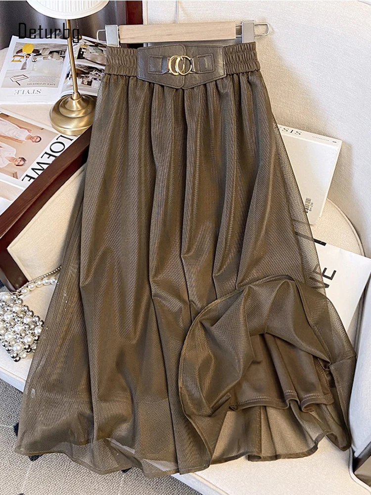 

Women's Anti-wrinkle Mesh Midi Skirt with Leather Patchwork Belt Ladies High Waist Pleated Swing Skirts 2022 Autumn Winter K184