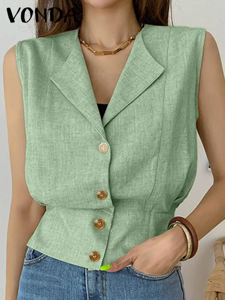 

Модная женская пикантная блузка без рукавов 2022 VONDA однотонные Элегантные повседневные топы женские винтажные офисные рубашки топы большог...