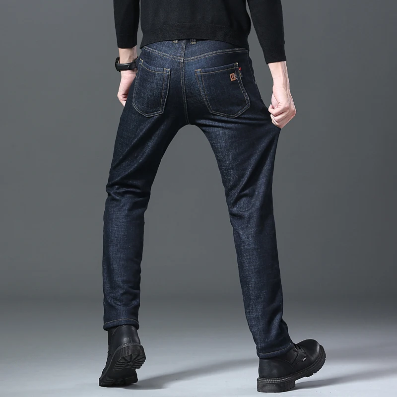 Winter New Jeans With Velvet Men Classic Blue Slim Stretch Cotton Thickened Solid Color Pants Snow Weather Warm Denim Pants 2022