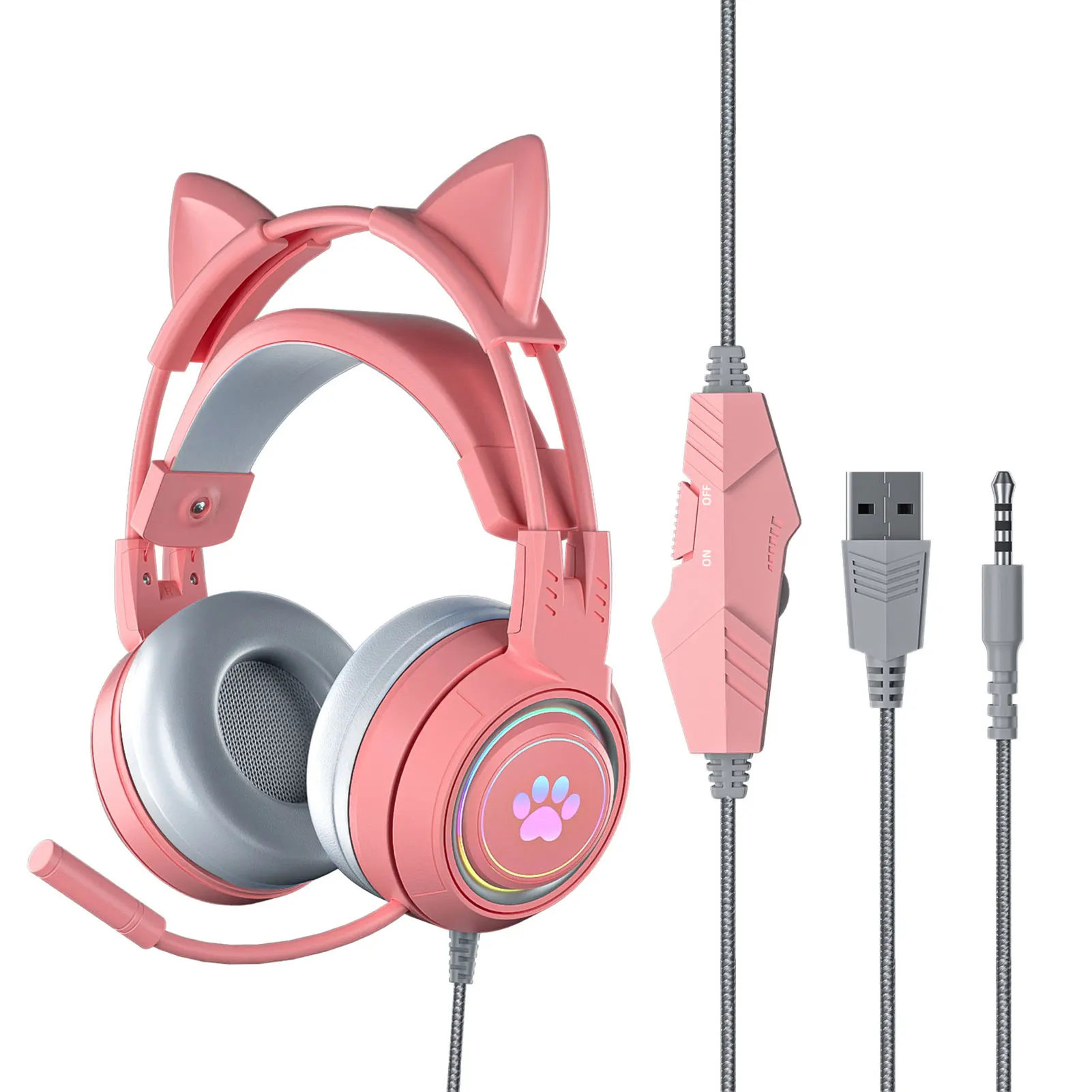 

Wired Gaming Headset 3.5mm Jack Noise Cancelling Mic Headphone With Detachable Cat Ears RGB Backlight Cute Kids Earphone
