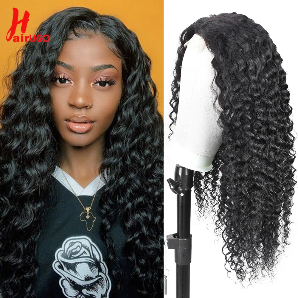 HairUGo Water Wave 13*4 Lace Front Human Hair Wigs Brazilian 13x4 Lace Front Wig Non-Remy Pre Plucked Curly Lace Wigs For Women