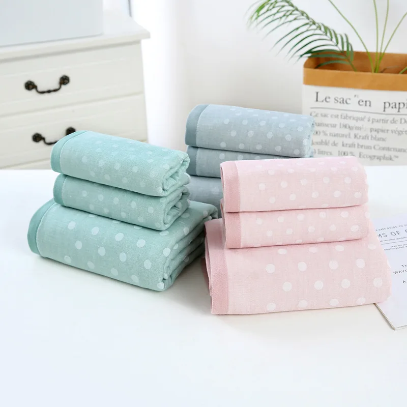 Комплект банных полотенец 100% хлопок розовый горошек зеленый высокое качество