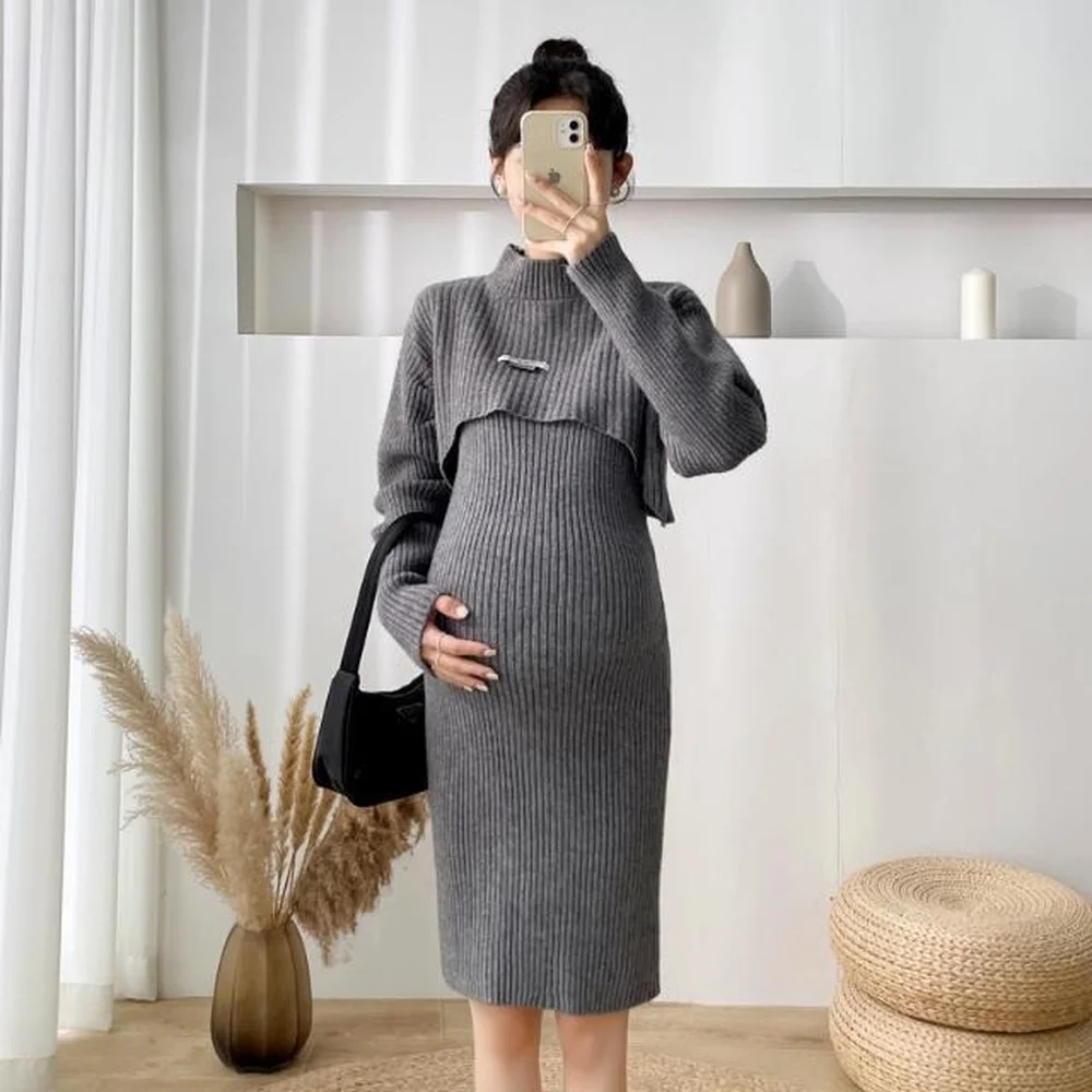 Maternity Dress Winter Long Sleeve Thick Knit Sweater Sling Dress Turtleneck Outdoor Warm Fashion Suit Pregnant Wear Photography