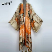 2022 winyi summer beach wear swim suit cover up lady boho cardigan nice printing elegant sexy holiday long sleeve kimono kaftan