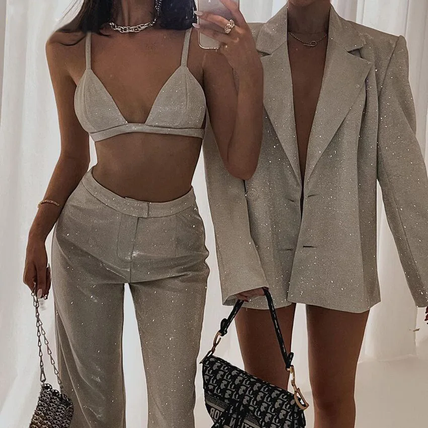 Spring Woman 3 Pieces Clothing Sets Sparkling Suits Sequins Long Sleeve Blazer High Waist Pants Fashion White Female Outfits