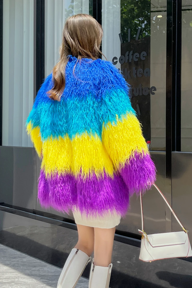 Fashion 2023 New Color Women's Imitation Fur Stitching Contrast Color Jacket Fashion Mid-Length Artificial Lamb Wool Coat Women