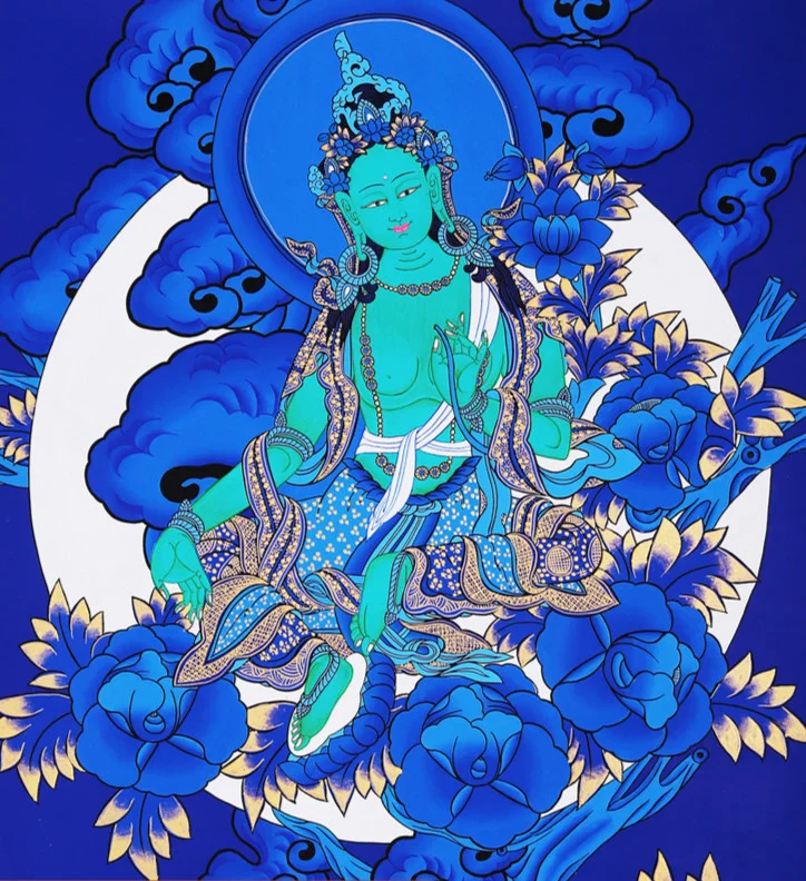 

Tibetan hand-painted Thangka family Buddha Hall, hanging pictures of the Yellow God of wealth, Green Tara, four armed