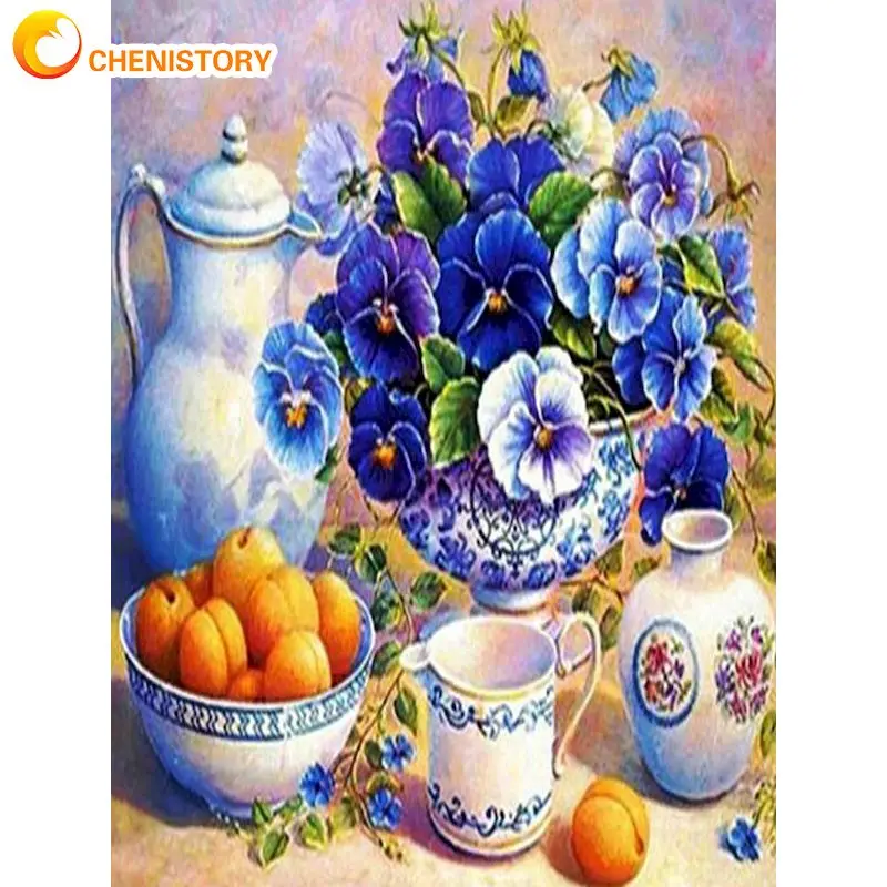 

CHENISTORY Diamond Painting Cross Stitch Blue Flower Full Square Round Diy 5d Diamond Embroidery Picture Rhinestone Art