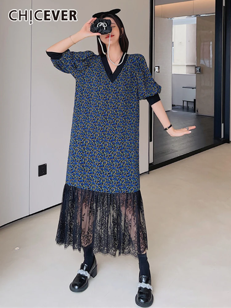 

CHICEVER Patchwork Lace Dress For Women V Neck Short Sleeve Fake Two Piece Straight Loose Casual Female Dresses Summer Clothing