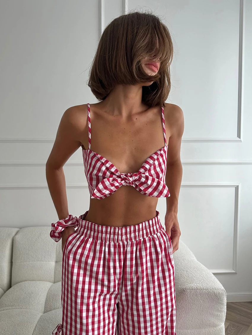 Клетчатый женский пижамный брючный костюм цвет в ассортименте