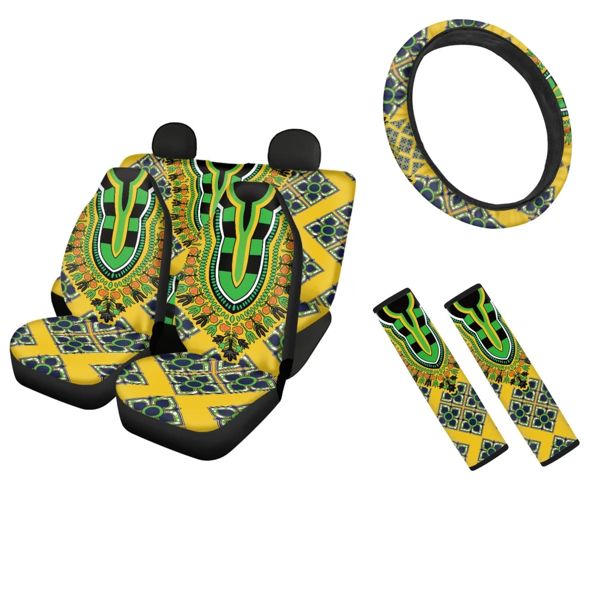 

Fashion African Ethnic Tribe Print Durable Soft Front/Rear Car Seat Cushion Sturdy Steering Wheel Cover Set of Seatbelt Covers