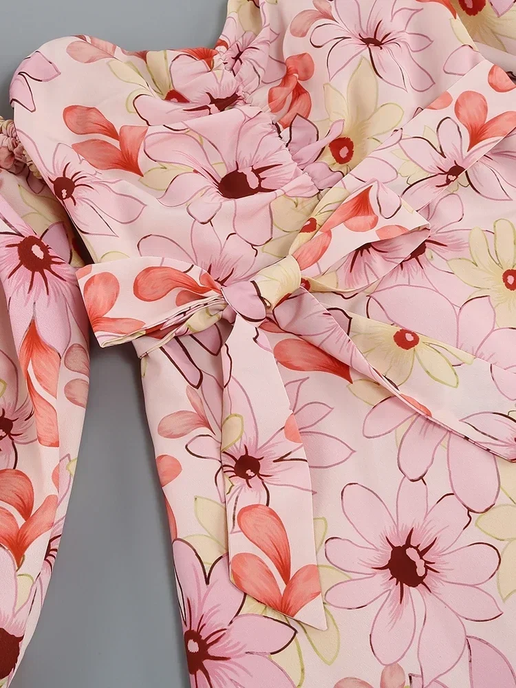 Женское длинное платье с цветочным принтом элегантное розовое V-образным вырезом