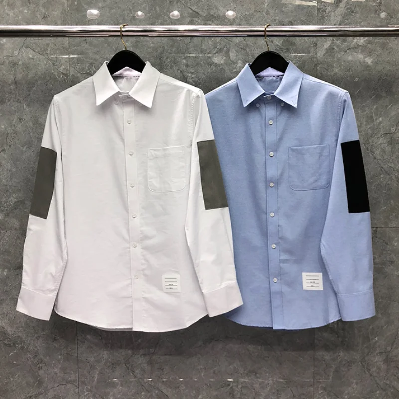 

TB Mens Casual Shirt New Shirts Men Turn Down Collar Slim Patch Long Sleeve Striped Casual Shirt Oxford Solid Men's Clothing