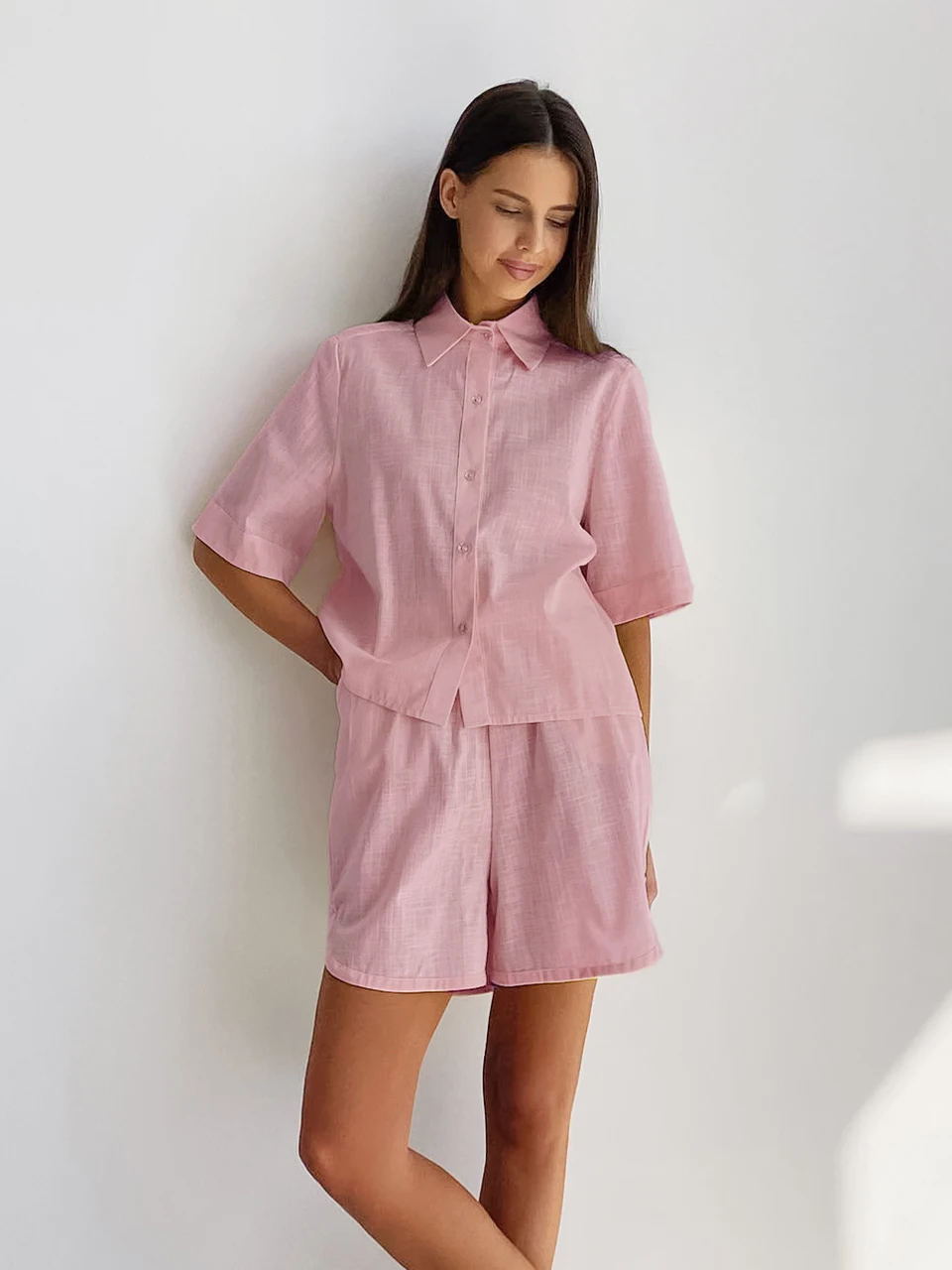 

Linad Half Sleeves Women Pajama Cotton Women's Home Clothes Lapel Sleepwear Suits With Shorts Solid Single Breasted Pijama 2022