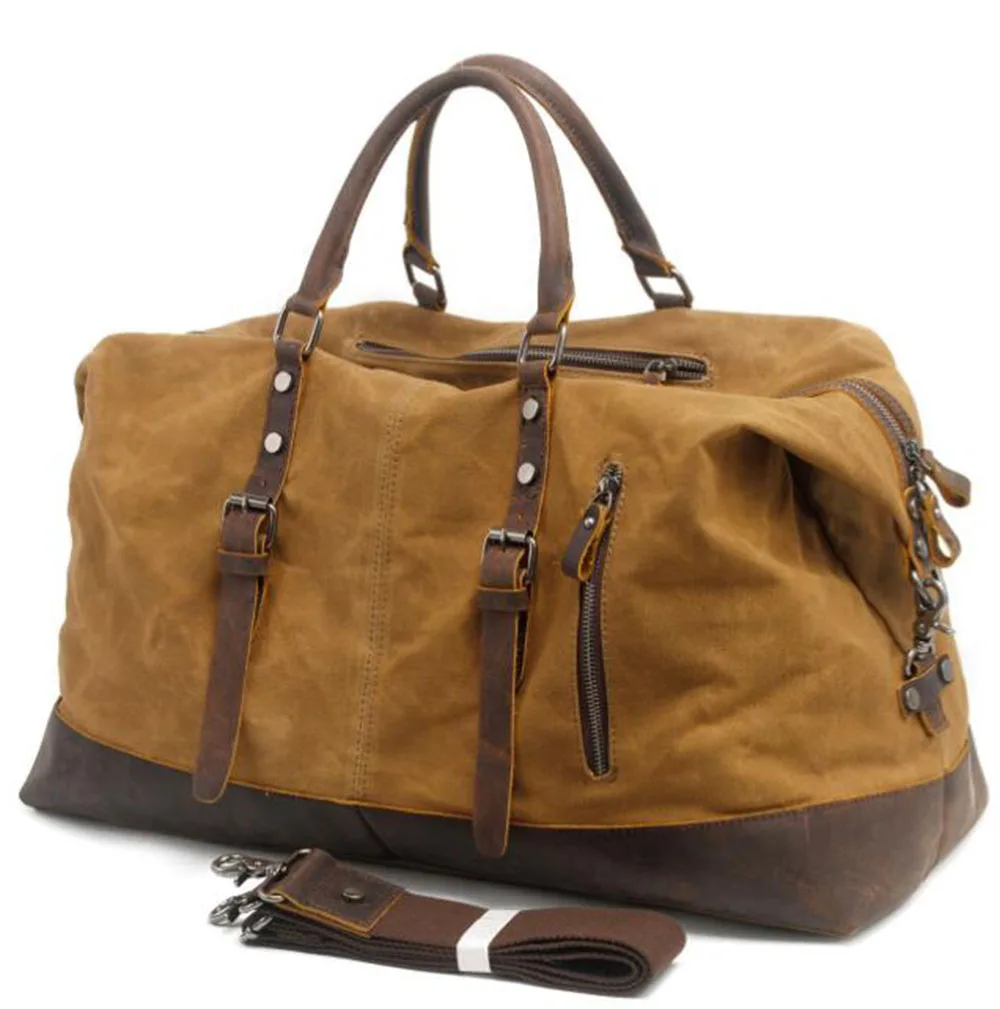 831-2k Trendy  Big capacity handbags Men  Men's portable travel  waterproof oil wax canvas  cross-body duffel  cowhide bags