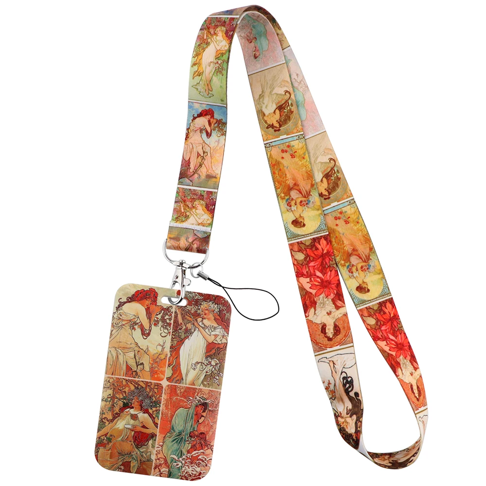 

Mucha illustration Art Lanyards Keys Chain ID Credit Card Cover Pass Mobile Phone Charm Neck Straps Badge Holder Accessories