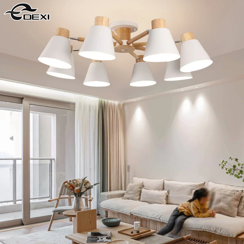 Nordic Ceiling Lamp Living Room LED Chandelier E27 Kitchen Ceiling Chandelier Bedroom Light Simple Dining Room Log Pendant Light